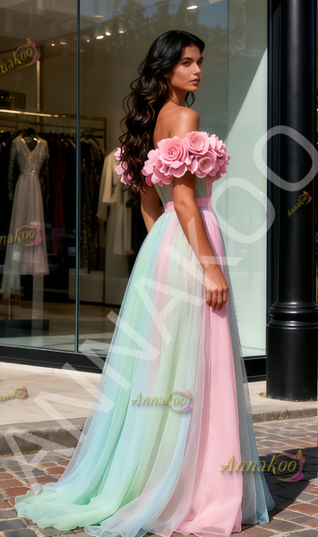 Shop 2025 ANNAKOO Off The Shoulder Ombre Pink A Line Tulle Prom Dress Under 259