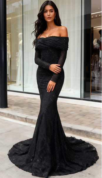 Shop 2025 ANNAKOO Black Off The Shoulder Long Sleeve Beading Trumpet Mermaid Prom Dress Under 259
