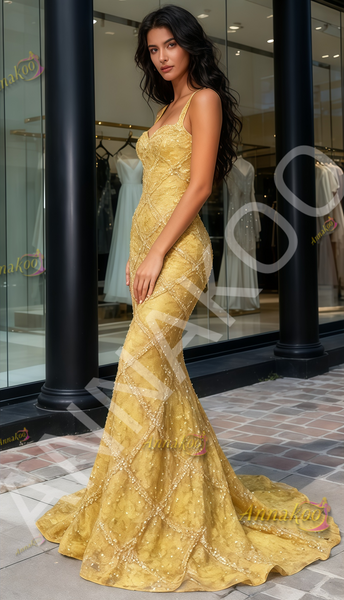 Shop 2025 ANNAKOO Gold Straps Trumpet Mermaid Beading Tulle Prom Dress Under 269