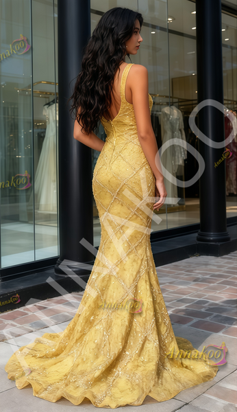 Shop 2025 ANNAKOO Gold Straps Trumpet Mermaid Beading Tulle Prom Dress Under 269