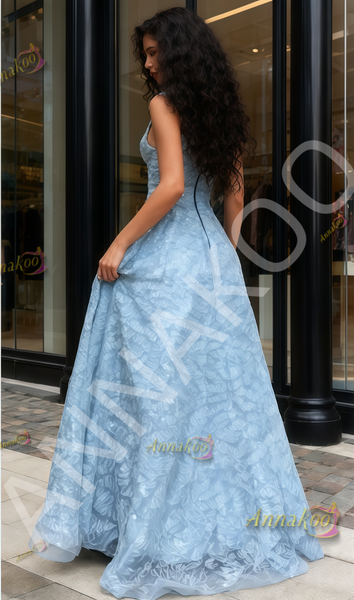 Shop 2025 ANNAKOO Blue Tulle A Line V Neck Backless Prom Dress Under 189