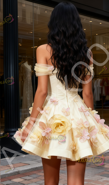 Shop 2025 ANNAKOO Yellow Off The Shoulder Feather Flower Homecoming Dress Under 189