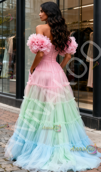 Shop 2025 ANNAKOO Pink Off The Shoulder Tulle Flower A Line Prom Dress Under 259