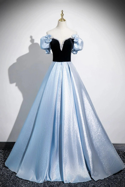 Shop 2025 ANNAKOO Black Velvet Blue Satin Bow A Line Prom Dress Under 159