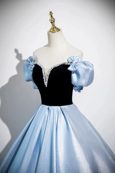 Shop 2025 ANNAKOO Black Velvet Blue Satin Bow A Line Prom Dress Under 159