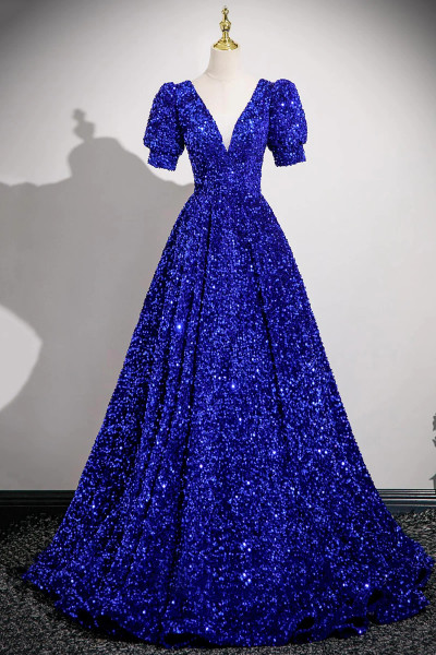 Shop 2025 ANNAKOO Royal Blue V-Neck Sequins Short Sleeve Prom Dress Under 169