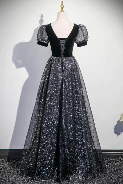 Shop 2025 ANNAKOO Black Velvet Tulle A Line Short Sleeves Prom Dress Under 139