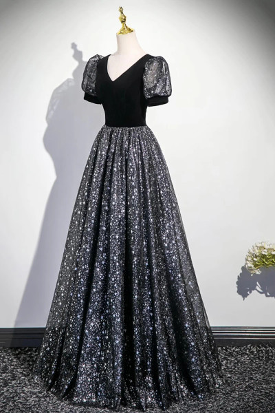 Shop 2025 ANNAKOO Black Velvet Tulle A Line Short Sleeves Prom Dress Under 139