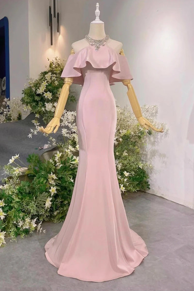 Shop 2025 ANNAKOO Mermaid Halter Satin Pink Berading Prom Dress Under 139