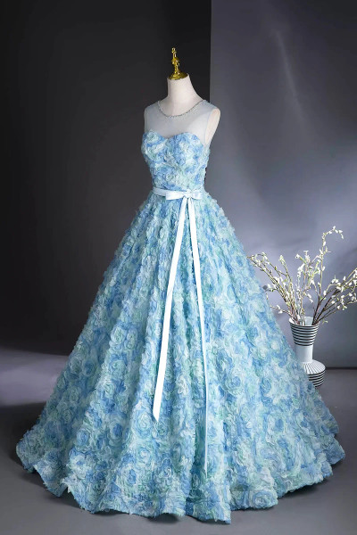 Shop 2025 ANNAKOO Blue Rose Flower A Line Sheer Prom Dress Under 189