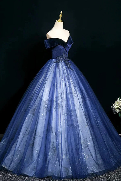 Shop 2025 ANNAKOO Blue Velvet Off The Shoulder Beading Tulle Prom Dress Under 189