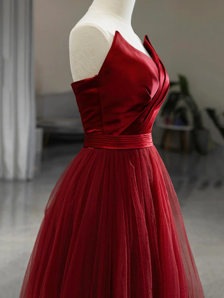 Shop 2025 ANNAKOO Burgundy V Neck Satin Tulle A Line Prom Dress Under 139