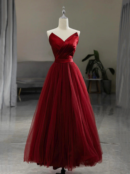 Shop 2025 ANNAKOO Burgundy V Neck Satin Tulle A Line Prom Dress Under 139