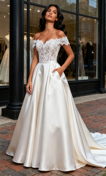Shop 2025 ANNAKOO Satin Off The Shoulder Lace & Satin A Line Wedding Dress With Pockets Under 195