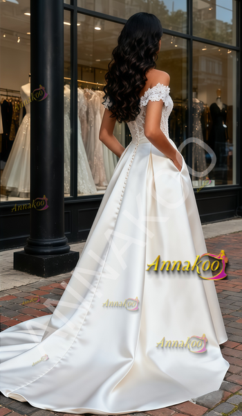 Shop 2025 ANNAKOO Satin Off The Shoulder Lace & Satin A Line Wedding Dress With Pockets Under 195