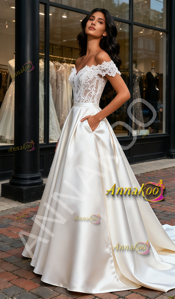 Shop 2025 ANNAKOO Satin Off The Shoulder Lace & Satin A Line Wedding Dress With Pockets Under 195