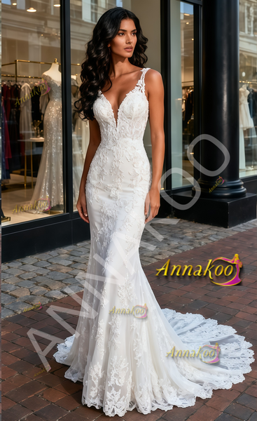 Shop 2025 ANNAKOO Trumpet Mermaid Deep V Neck Lace Wedding Dress uNDER 239
