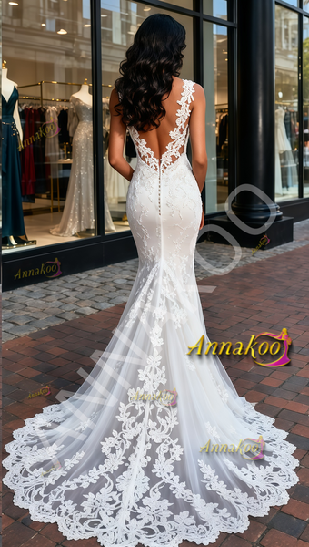 Shop 2025 ANNAKOO Trumpet Mermaid Deep V Neck Lace Wedding Dress uNDER 239