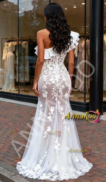 Shop 2025 ANNAKOO Ruffles One Shoulder Trumpet Mermaid Tulle Appliques Wedding Dress Under 239