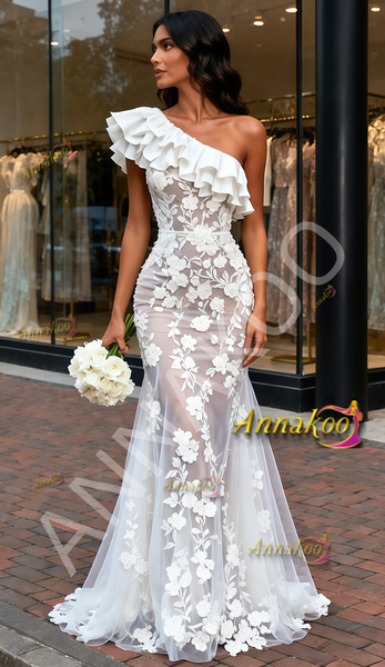Shop 2025 ANNAKOO Ruffles One Shoulder Trumpet Mermaid Tulle Appliques Wedding Dress Under 239