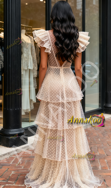 Shop 2025 ANNAKOO  Champagne Polka Dot V Neck Ruffles A Line Wedding Dress Under 198