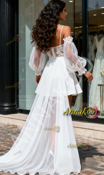 Shop 2025 ANNAKOO Spaghetti Straps Tulle Long Sleeves High Low Wedding Dress Under 198