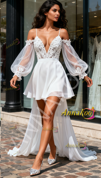Shop 2025 ANNAKOO Spaghetti Straps Tulle Long Sleeves High Low Wedding Dress Under 198