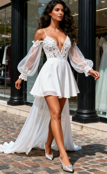 Shop 2025 ANNAKOO Spaghetti Straps Tulle Long Sleeves High Low Wedding Dress Under 198