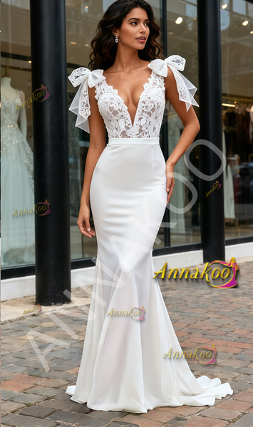 Shop 2025 ANNAKOO Tie Shoulder V Neck Trumpet Mermaid Satin Wedding Dress Under 198