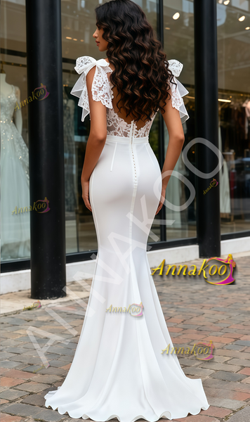 Shop 2025 ANNAKOO Tie Shoulder V Neck Trumpet Mermaid Satin Wedding Dress Under 198