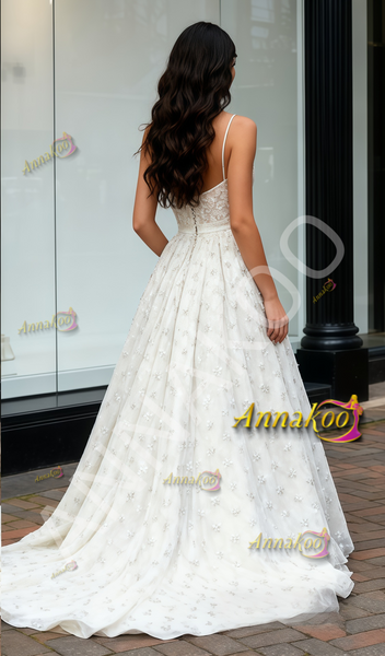 Shop 2025 ANNAKOO Spaghetti Straps Sparkle Beading Tulle A Line Wedding Dress Under 249