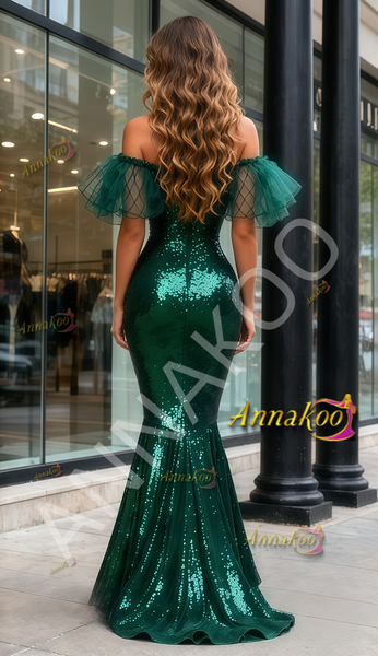 Shop 2025 ANNAKOO Dark Green Short Sleeve Trumpet Mermaid Sequin Prom Dress Under 159