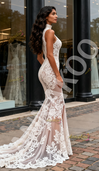 Shop 2025 ANNAKOO High Neck Lace Champagne Backless Trumpet Mermaid Wedding Dress Under 279