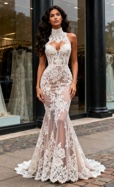 Shop 2025 ANNAKOO High Neck Lace Champagne Backless Trumpet Mermaid Wedding Dress Under 279