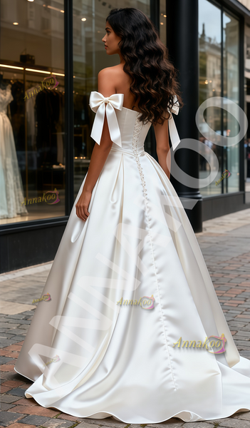 Shop 2025 ANNAKOO Tie Shoulder A Line Off The Shoulder Ruched Satin Wedding Dress Under 199