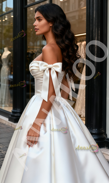 Shop 2025 ANNAKOO Tie Shoulder A Line Off The Shoulder Ruched Satin Wedding Dress Under 199