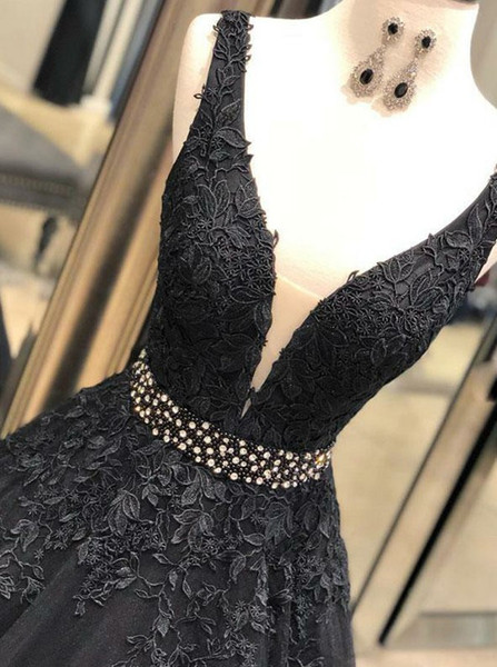 Appliques Lace Black Deep V-neck Prom Dress