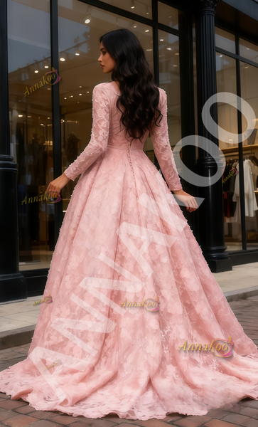 Shop 2025 ANNAKOO Long Sleeve Print Pink Scoop A Line Prom Dress With Slit Under 199