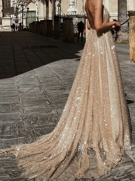 Plunging Neckline Sparkle Gold Backless Long Prom Evening Dress