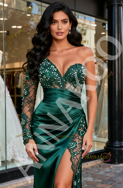 Shop 2025 ANNAKOO Dark Green One Shoulder Satin & Lace Mermaid Prom Dress Under 199