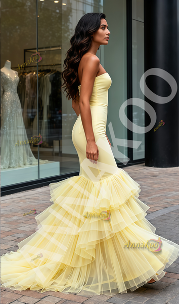 Shop 2025 ANNAKOO Strapless Satin Trumpet Mermaid Tulle Ruffles Prom Dress Under 239