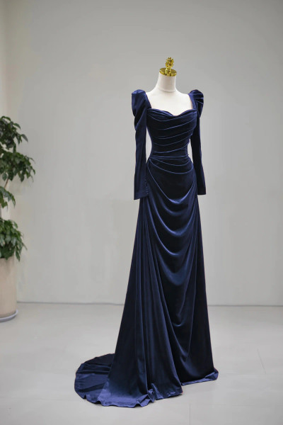 Shop 2025 ANNAKOO Navy Velvet Ruched Floor Length Long Sleeve Prom Dress Under 179