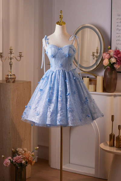 Shop 2026 ANNAKOO Blue Tulle Short A-Line Spaghetti Strap Homecoming Dress Under 149