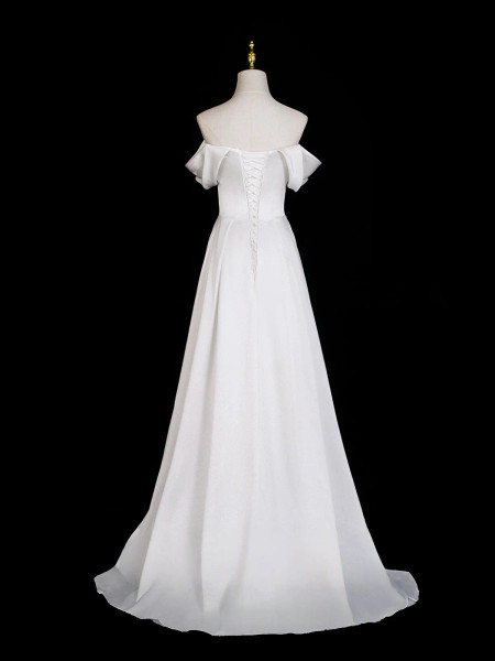  A-Line Off Shoulder Satin White Ruched Prom Dress