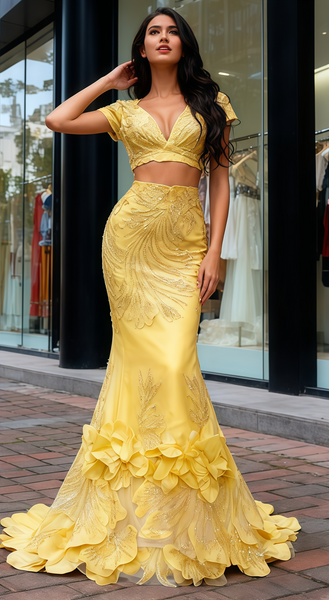 Shop 2025 ANNAKOO Gold V Neck Trumpet Mermaid Two Piece Flower Prom Dress Under 249