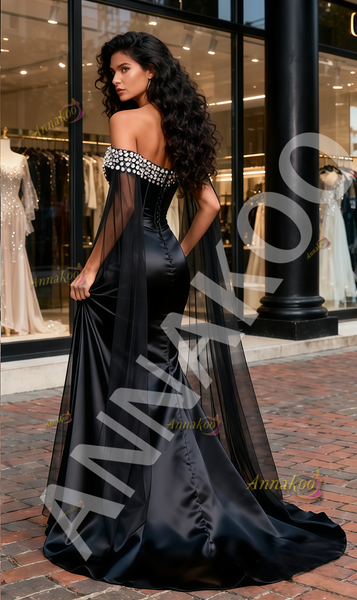 Shop 2025 ANNAKOO Black Off The Shoulder Beading Satin Prom Dress With Slit Under 299