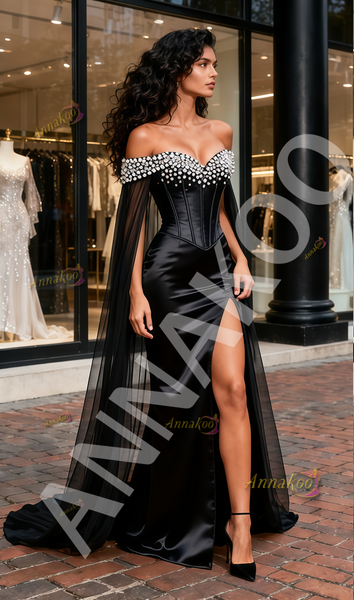 Black Off The Shoulder Beading Satin Prom Dress With Slit