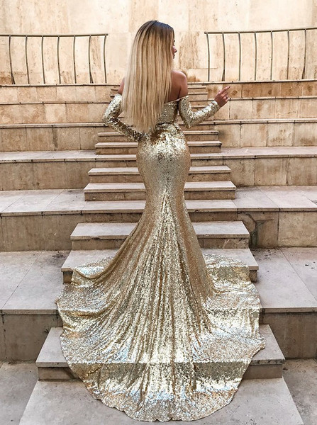 Sparkle Long Sleeves Gold Mermaid Off Shoulder Prom Evening Dress 