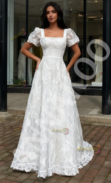 Shop 2025 ANNAKOO A Line Cap Sleeves Square Lace White Wedding Dress Under 249