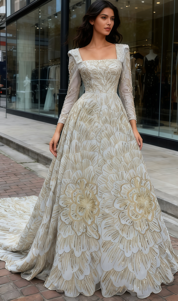 Shop 2026 ANNAKOO Long Sleeve Square A Line Sequin Flower Prom Dress Under 199